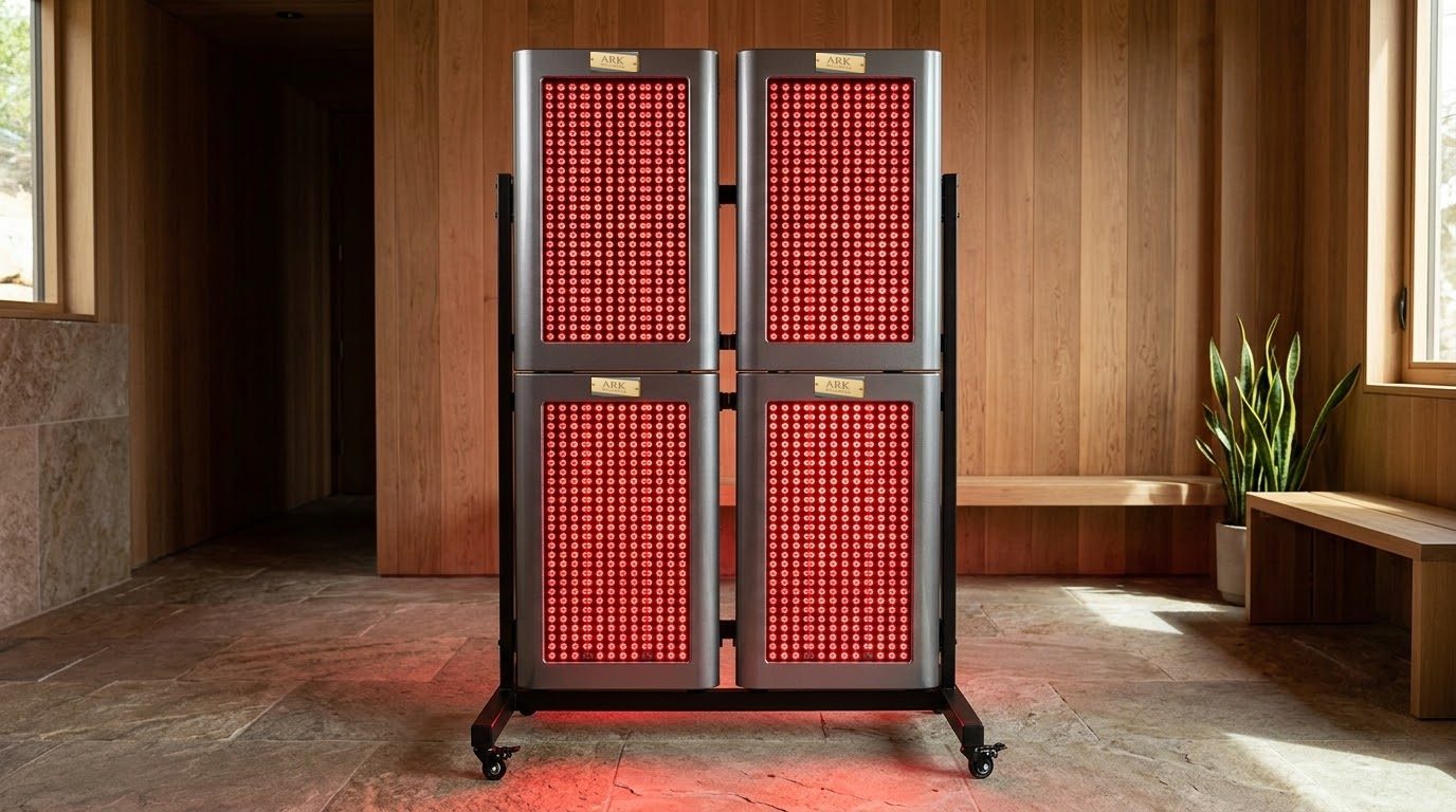 Four Graystone red light panels on a rolling full-body rack